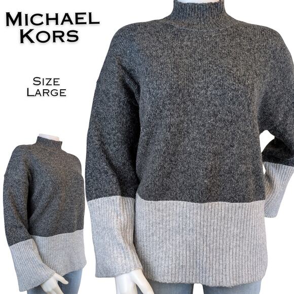 Michael Kors Wool Tunic Sweater Large Gray Colorblock Mock Neck High Low Ribbed - Picture 1 of 9